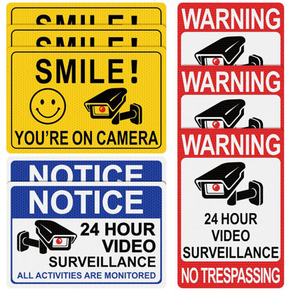 Picture of 8 Pcs 24 Hour Video Surveillance Sticker Reflective Sticker Decal Self Adhesive Video Surveillance Sign Outdoor Smile Camera Sign for Indoor and Outdoor Use (Yellow, Red Whte, Blue White,Stylish Style)