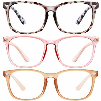 Picture of Blue Light Blocking Glasses-3Pack Computer Game Glasses Square Eyeglasses Frame, Blue Light Blocker Glasses for Women Men (douhua+Pink+beige)