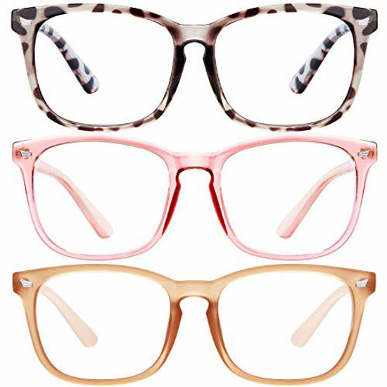 Picture of Blue Light Blocking Glasses-3Pack Computer Game Glasses Square Eyeglasses Frame, Blue Light Blocker Glasses for Women Men (douhua+Pink+beige)