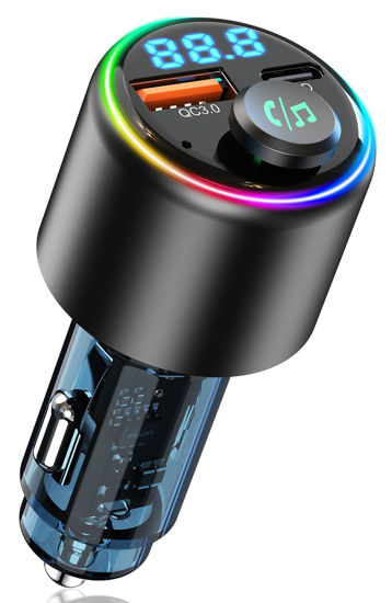 Picture of BCADON Bluetooth 5.3 FM Transmitter for car, Type-C PD 30W & QC3.0 18W USB Car Charger, Cigarette Lighter Bluetooth Car Adapter for Music, Hands-Free Call, Hi-Fi MP3 Player, 7 Colors LED Backlit