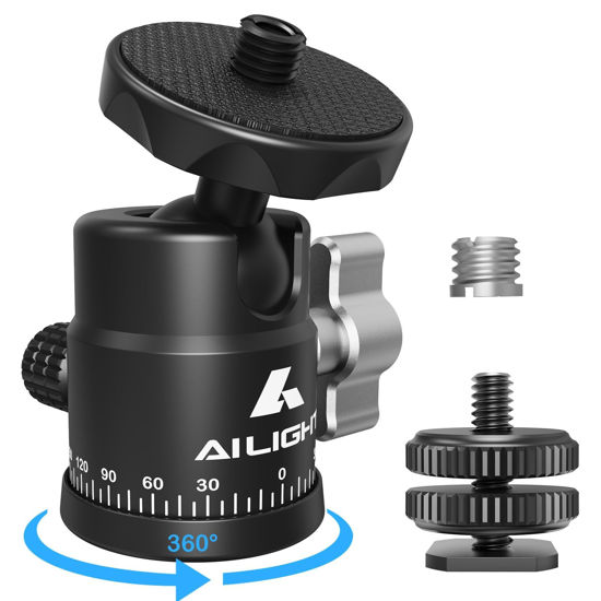 Picture of Ailight Mini Ball Head, 360° Panoramic Tripod Head, Universal 1/4" to 3/8" Screw Adapter Swivel Ball Head Tripod Mount, Dual Cold Shoe Mount for DSLR Cameras Camcorder Light Photograph Accessories