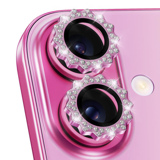 Picture of Xfilm for iPhone 16/16 Plus Camera Lens Protector Bling Individual Sun Design Diamond Ring 9H Hardness Scratchproof Protector, Stylish Phone Accessories, Case Friendly (Pink)