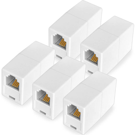 Picture of NECABLES 5Pack RJ11 Coupler Phone Line Connector Telephone Cord Adapter RJ11 6P4C Female to Female for Landline Phone and Fax White