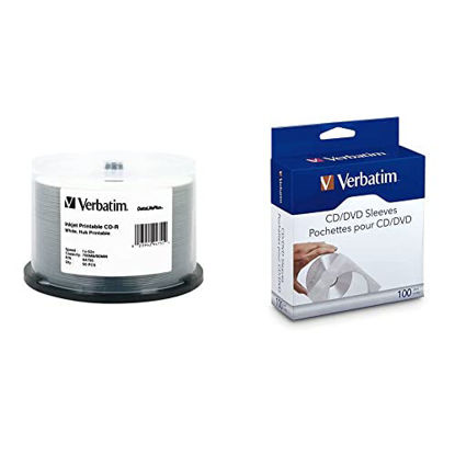 Picture of Verbatim CD-R 700MB 52X DataLifePlus White Inkjet Printable, Hub Printable - 50pk Spindle - 94755 & CD/DVD Paper Sleeves-with Clear Window 100pk