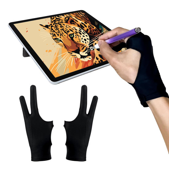 Picture of AmberVec Drawing Glove Right Left Hand, Palm Rejection Digital Art Glove for Tablet iPad, Sketching Drawing Gloves with Two Finger, Gifts for Animators and Digital Artists, [2 Pack] Size M