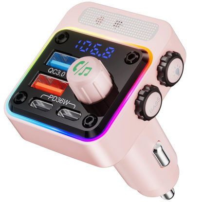 Picture of Nulaxy 54W Bluetooth 5.3 Car Adapter with 4 Charging Ports [PD 36W & QC3.0 18W], Wireless Radio FM Transmitter with Deep Bass Player & 5 Colors LED Backlit, Hands-Free Calling - NX16 Pink