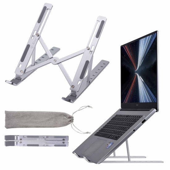 Picture of Arae Laptop Stand for Desk, Adjustable Ergonomic Portable Aluminum Laptop Holder, Foldable Computer Stand 6 Angles Anti-Slip Laptop Riser Compatible with 9-15.6 inch Laptops, Silver