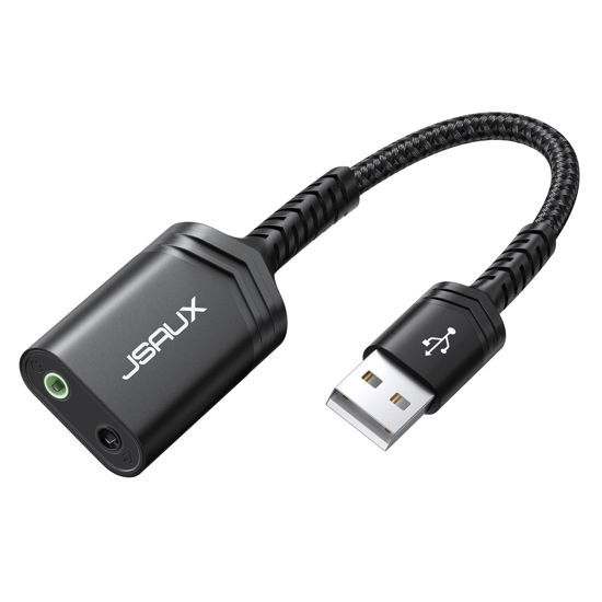 Picture of USB to 3.5mm Jack Audio Adapter, JSAUX USB Audio Adapter External Stereo Sound Card with 3.5mm Headphone and Microphone Jack Compatible with Windows, MAC, Linux, PC, Laptop, Desktops, PS5, PS4-Black