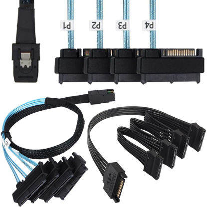 Picture of DKARDU Mini SAS to SAS Cable, 1M 36 Pin SFF-8087 Host to SAS SFF8087 to SFF-8482 Connectors 4 x SAS 29Pin with SATA Power Cable, with SATA Power Splitter Cable (3.3FT)