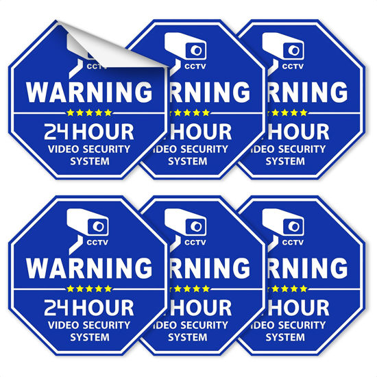 Picture of CCTV Outdoor Video Camera Security Stickers - 6Pcs CCTV Camera Video Security Camera in Use Sign Outdoor Video Surveillance Vinyl Sticker -24 Hours Warning Video Surveillance Window Security Signs