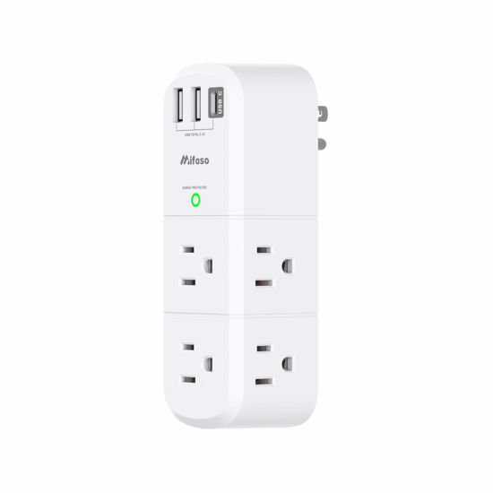 Picture of USB Outlet Extender Surge Protector - with Rotating Plug, 6 AC Multi Plug and 3 USB Ports (1 C), 1800 Joules, 3-Sided Swivel Power Strip Spaced Splitter for Home, Office, Travel