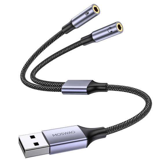 Picture of MOSWAG USB Audio Adapter External Sound Card Stereo Cable with Dual TRS 3-Pole 3.5mm Headphone and Microphone Jacks USB to Dual 3.5mm Audio Jack Adapter Cable for Windows Mac PC Laptops