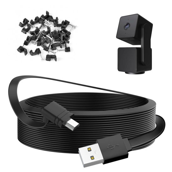 Picture of delilyn 25FT/7.5M Power Extension Cable Compatible with WYZE Cam Pan V3, 90 Degree Micro USB Extension Charging Cable for Your WYZE Cam Pan V3 Continuously, L-Shaped Flat Power Cord- Black