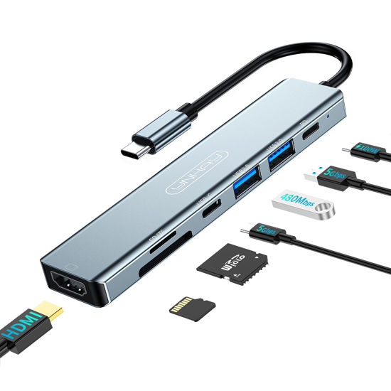 Picture of 7-in-1 Powered USB-C Multiport Hub Adapter: 100W PD, 4K HDMI, USB-C Ports, USB 3.0, SD/TF Card Reader - Compatible with Laptops, Computers, MacBook Pro/Air, iPad, iPhone 15, and Other Type-C Devices