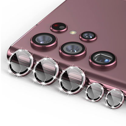 Picture of Kanosan Diamond Series Galaxy S22 Ultra Camera Lens Protector Aluminium Alloy Ring 9H Tempered Glass Anti Scratch Decorative Camera Cover for Samsung Galaxy S22 Ultra 5G (Diamond Burgundy)