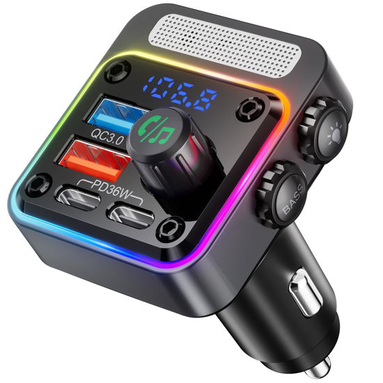 Picture of Nulaxy 54W Bluetooth 5.3 Car Adapter with 4 Charging Ports [PD 36W & QC3.0 18W], Wireless Radio FM Transmitter with Deep Bass Player & 5 Colors LED Backlit, Hands-Free Calling - NX16 Black