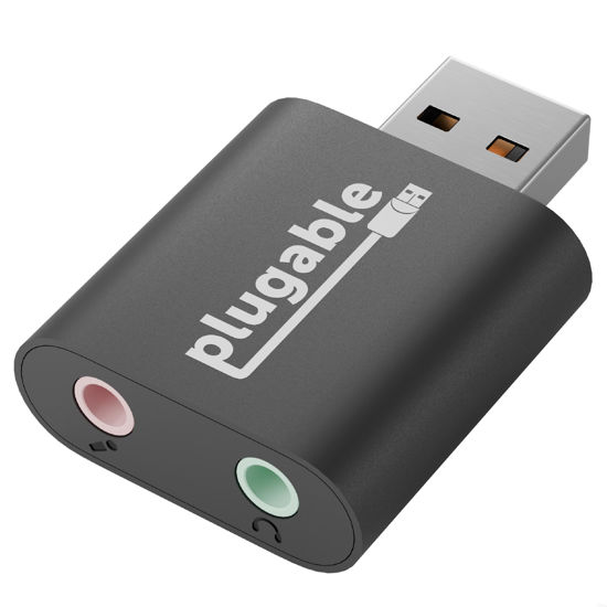 Picture of Plugable USB Audio Adapter with 3.5mm Speaker-Headphone and Microphone Jack, Add an External Stereo Sound Card to Any PC, Compatible with Windows, Mac, and Linux - Driverless