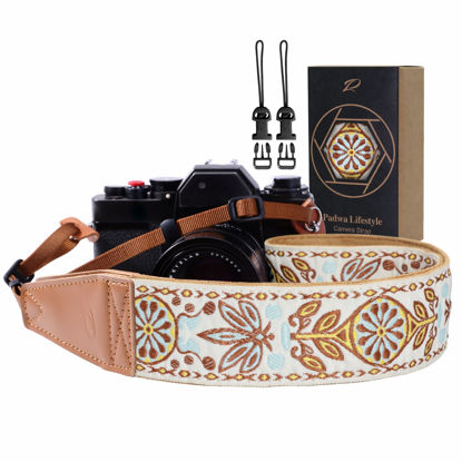 Picture of Padwa Lifestyle Camera Strap - 2" Full Grain Leather Ends Camera Straps for Photographers, Vintage Embroidered Cotton Weave Soft Suede Fabric Padded Strap Quick Release fits All Cameras