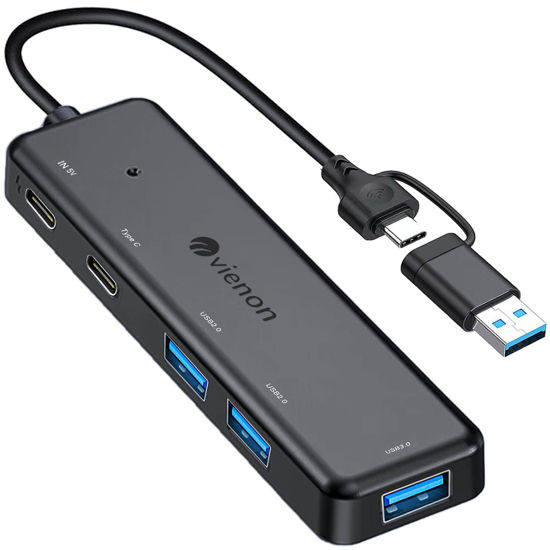 Picture of VIENON USB 3.0 Hub (5 in 1), USB C Hub, USB C to USB 3.0 Hub Adapter with USB C Power/Data Ports, USB Extender USB A&C Docking Station for Laptop PC MacBook Dell, HP, PS4/5, SSD and More