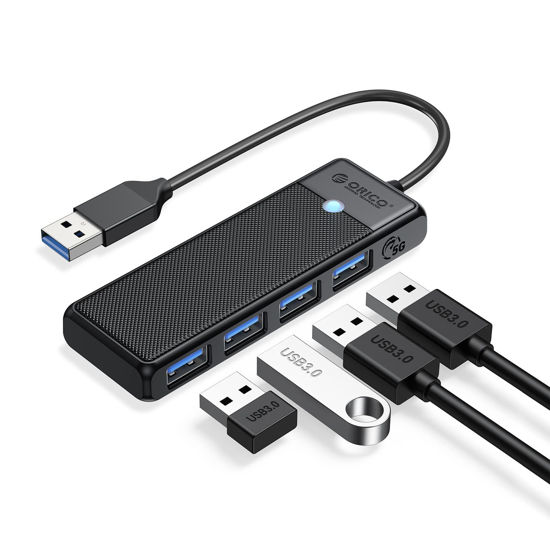 Picture of USB 3.0 Hub, ORICO 4-Port USB Hub, Ultra Slim USB Splitter for Laptop for MacBook, Mac Pro, iMac, Surface Pro,XPS, PS5, PC, Flash Drive, Mobile HDD(Black/0.5ft)