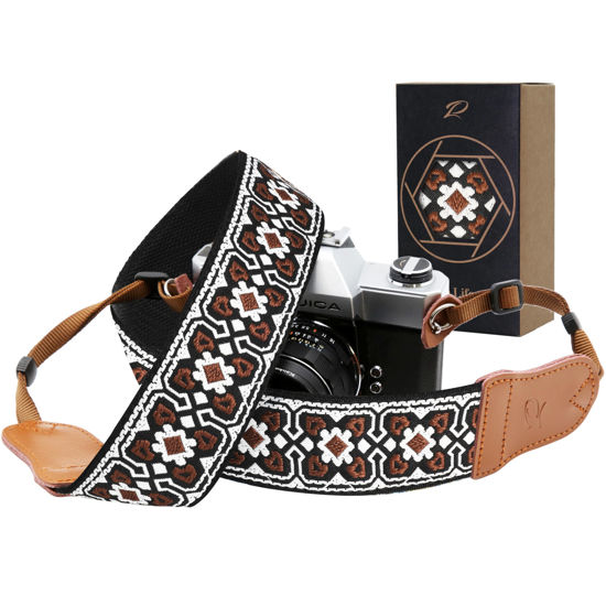 Picture of Padwa Lifestyle Camera Strap - 2" Cowhide Leather Head Cotton Camera Straps for Photographers,Vintage Jacquard Embroidery Adjustable Neck & Shoulder Strap for ALL DSLR/SLR Cameras(Brown Flower)