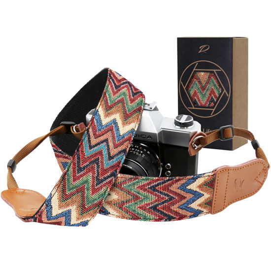 Picture of Padwa Lifestyle Camera Strap - 2" Cowhide Head Camera Straps for Photographers,Vintage Jacquard Embroidery Woven Cotton Adjustable Shoulder Neck Straps for Cameras,Binoculars（Cool Ethnic Style Waves）