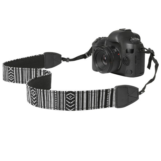 Picture of MoKo Camera Strap, Retro Cotton Canvas Woven Strap Universal Shoulder Neck Sling Belt for ALL DSLR/SLR Cameras Canon/Sony/Nikon, Adjustable Thin Strap for Adults & Kids, Black & White