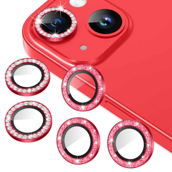 Picture of AGVEE 3+3 for iPhone 14 6.1" / 14 Plus 6.7" Camera Lens Protector, Bling Diamond & Bling Glitter Metal Ring 9H Tempered HD Glass Camera Protector Cover Film, Bling-Red