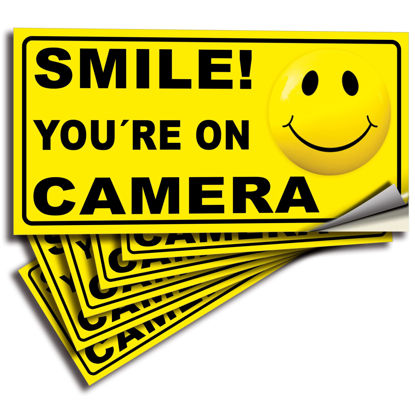 Picture of iSYFIX Smile You're on Camera Stickers for Business - 6 Pack 4x2 Inch - Self-Adhesive Vinyl Decal, Laminated for Ultimate UV Protection, Fade Resistance, Security Camera Sign for Home, Business, CCTV