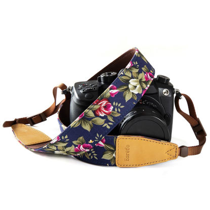 Picture of Eorefo Camera Strap Floral Camera Neck Strap with Genuine Leather Head for Compact Digital Camera, Mirrorless Camera, Small DSLR Camera, Instant Camera,Flower Blue.