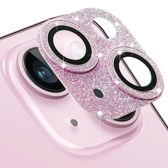 Picture of Hsefo Compatible with iPhone 15 & iPhone 15 Plus Camera Lens Protector, Bling Lens Cover 3D Rhinestone Diamond 9H Tempered Glass Camera Cover Anti Scratch Shockproof Lens Screen Full Protective Cover - Pink