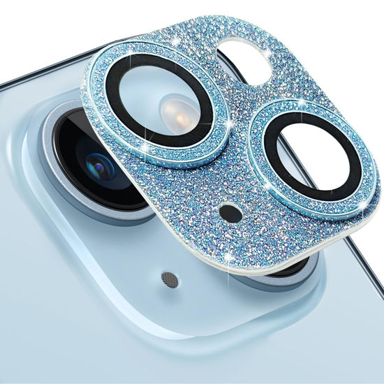 Picture of Hsefo Compatible with iPhone 15 & iPhone 15 Plus Camera Lens Protector, Bling Lens Cover 3D Rhinestone Diamond 9H Tempered Glass Camera Cover Anti Scratch Shockproof Lens Screen Full Protective Cover -Blue