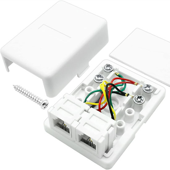 Picture of NECABLES Phone Jack Surface Mount Dual Port Telephone Jack Box 4 Screw Terminals to 2 RJ11 6P4C Female White