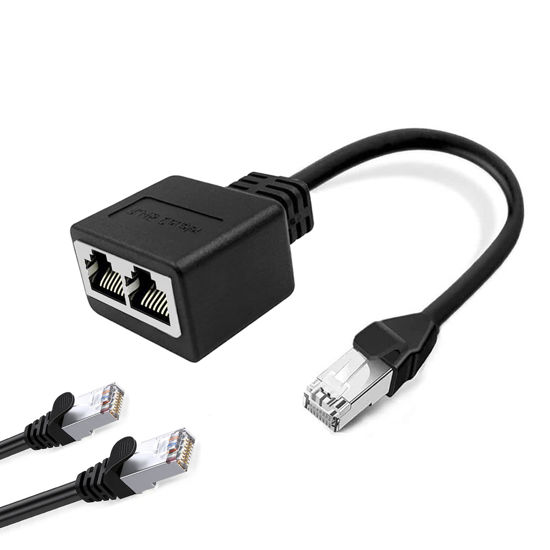 Picture of RJ45 Ethernet Splitter, RJ45 1 Male to 2 x Female LAN Ethernet Splitter Adapter Cable Suitable Super Cat5, Cat5e, Cat6, Cat7 LAN Ethernet Socket Connector Adapter - Black