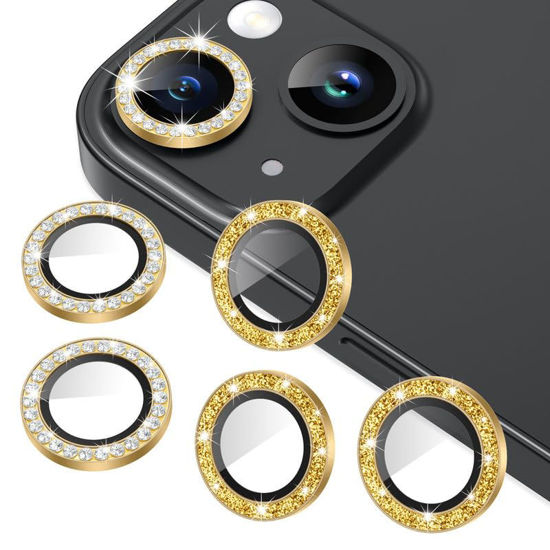 Picture of AGVEE 3+3 for iPhone 15/15 Plus Camera Lens Protector, Bling Diamond & Bling Glitter Metal Ring 9H Tempered HD Glass Camera Protector Cover Film, Bling-Gold