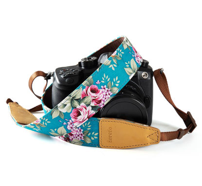 Picture of Eorefo Camera Strap Floral Camera Neck Strap with Genuine Leather Head for Compact Digital Camera, Mirrorless Camera, Small DSLR Camera, Instant Camera,Flower Sky Blue.