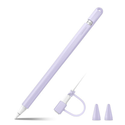 Picture of Fintie Silicone Sleeve Compatible with Apple Pencil 1st Generation, Ultra Light Pen Skin Case Cover Soft Protective Pencil Grip Holder with 2 Nib Covers & Cable Adapter Tether, Lilac Purple