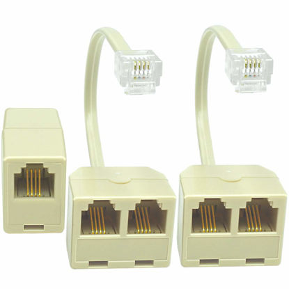 Picture of NECABLES 2+1Pack 2pcs Phone Line Splitter 1 to 2 RJ11 6P4C 1 Male to 2 Females with 5in Pigtail and 1pc Phone Line Coupler for Landline and Fax Ivory