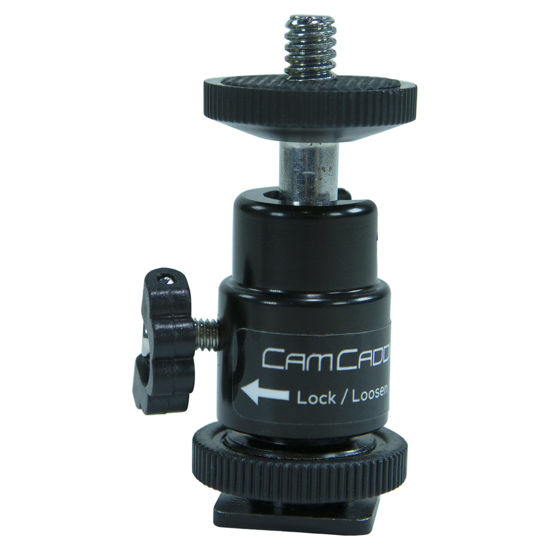 Picture of Cam Caddie® 360° Metal / Steel Mini Ball Head with Lock and Hot Shoe Adapter - Most Versatile Ball Head available with All 3 Mounting Options: Flash Shoe, ¼” - 20 Threaded Post + ¼” -20 Socket