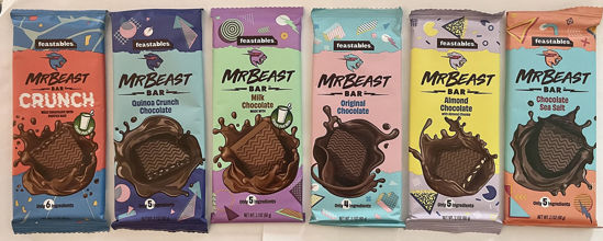 Picture of Feastables Mr Beast Chocolate Bars - NEW Milk Chocolate Crunch, Original Dark, Milk Chocolate, Quinoa Crunch, Sea Salt and Almond Chocolate Bars (6 Pack)