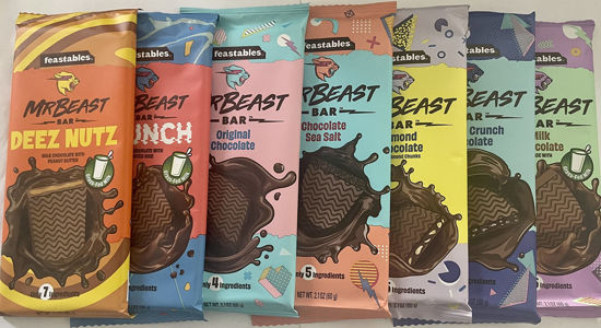 Picture of Feastables Beast Bar NEW Deez Nuts Milk Chocolate Peanut Butter Milk Chocolate Crunch Quinoa Crunch Almond Sea Salt Original Chocolate Milk Chocolate Chocolate Beast Bars (7 pack )