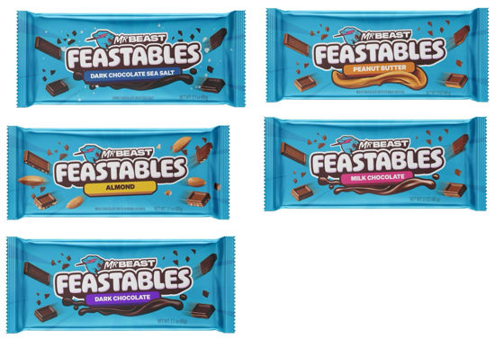 Picture of Feastables Beast Chocolate Bars - Peanut Butter Milk Chocolate, Dark Chocolate, Milk Chocolate, Dark Sea Salt and Milk Chocolate Almond Bars (5 Pack) NEW FORMULA! Creamier and Thicker - 2.1 oz Bars