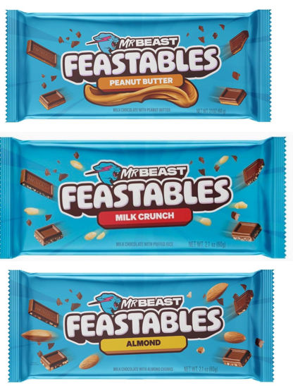 Picture of Feastables Beast Bar Peanut Butter Milk Chocolate, Milk Chocolate Almond, Milk Chocolate Crunch (3 BARS) NEW FORMULA! Creamier and Thicker - 2.1 oz bars