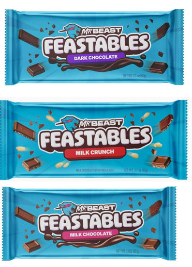 Picture of Feastables Beast Bar Milk Chocolate Crunch, Milk Chocolate, Dark Chocolate Beast Bars [3 Pack] NEW FORMULA! Creamier and Thicker - 2.1 oz Bars