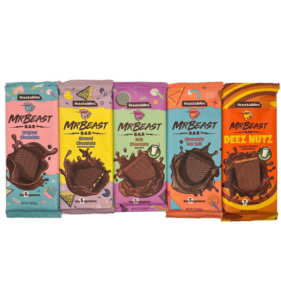 Picture of Feastables Mr Beast Chocolate Bars - NEW Deez Nuts Peanut Butter Milk Chocolate, Original Dark, Milk Chocolate, Sea Salt and Almond Chocolate Bars (5 Pack)