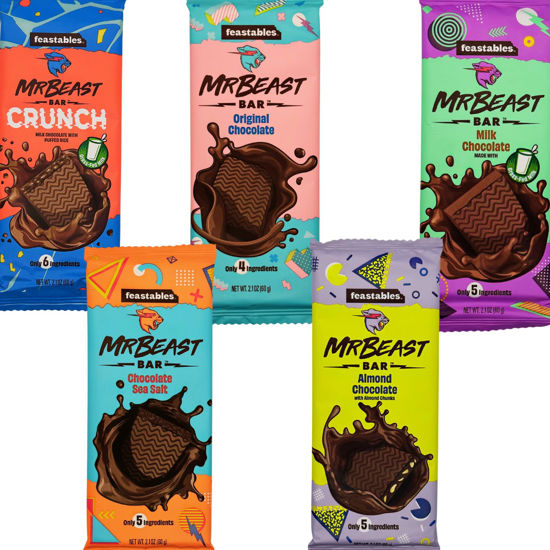 Picture of Feastables Mr Beast Chocolate Bars - NEW Crunch, Milk Chocolate, Original Dark, Milk Chocolate, Sea Salt and Almond Chocolate Bars (5 Pack)