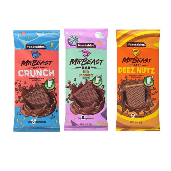 Picture of Feastables Mr Beast Chocolate Bars - NEW Deez Nuts Peanut Butter, New Crunch and Milk Chocolate (3 pack)