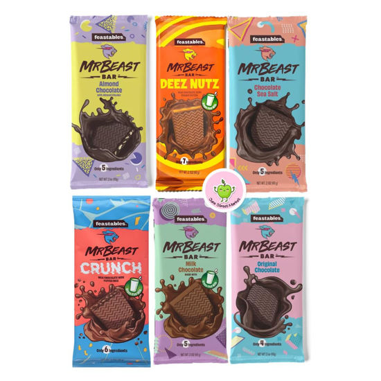 Picture of Feastables Mr Beast Chocolate Bars Assortment Variety Pack - Deez Nuts Peanut Butter Milk Chocolate, Original Dark, Milk Chocolate, Sea Salt, Crunch and Almond Chocolate Bars (6 Pack) - with June Street Market kawaii sticker (style may vary)