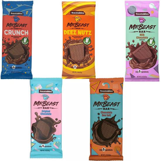 Picture of Feastables Mr Beast Chocolate Bars - NEW Deez Nuts Peanut Butter Crunch Chocolate, Milk Chocolate, Original Chocolate, Milk Chocolate, Sea Salt Chocolate Bars (5 Pack)