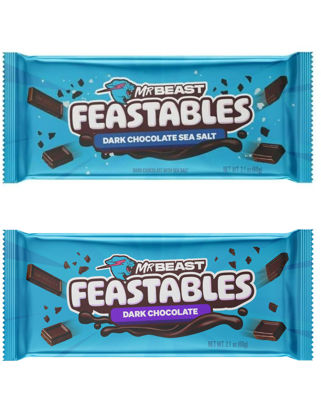 Picture of Feastables Dark Chocolate Duo Beast Bars Bundle, New Formula Smoother and Creamier Texture, 2.1 oz (60g), 2 Count Dark Chocolate Feastables Bars INCLUDES GLITTER BOX MIAMI STICKER